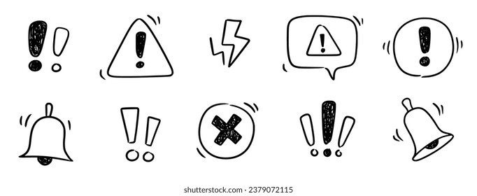 Doodle exclamation mark, alert danger sign set. Scribble hand drawn doodle exclamation triangle point, stop warning, hazard sign. Hand drawn sketch danger information sign. Vector illustration