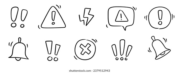 Doodle exclamation mark, alert danger sign set. Scribble hand drawn doodle exclamation triangle point, stop warning, hazard sign. Hand drawn sketch danger information sign. Vector illustration