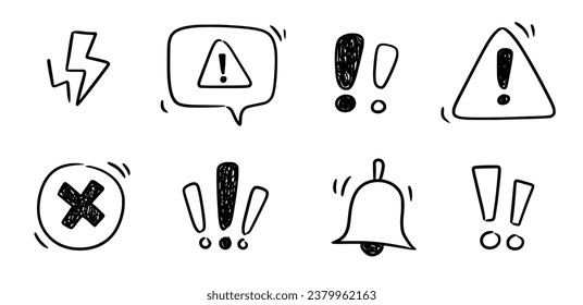 Doodle exclamation mark, alert danger sign set. Scribble hand drawn doodle exclamation triangle point, stop warning, hazard sign. Hand drawn sketch danger information sign. Vector illustration