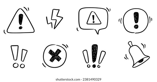 Marca de exclamación de doodle, conjunto de signos de peligro de alerta. Scribar el punto triángulo de la exclamación del doodle dibujado a mano, aviso de parada, signo de peligro. Signo de información de peligro de esbozo dibujado a mano. Ilustración del vector