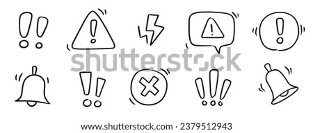 Doodle exclamation mark, alert danger sign set. Scribble hand drawn doodle exclamation triangle point, stop warning, hazard sign. Hand drawn sketch danger information sign. Vector illustration