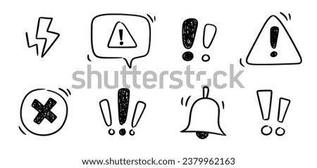 Doodle exclamation mark, alert danger sign set. Scribble hand drawn doodle exclamation triangle point, stop warning, hazard sign. Hand drawn sketch danger information sign. Vector illustration