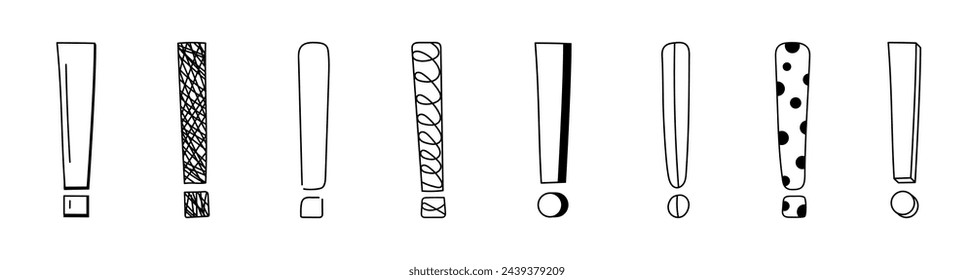 Doodle exclamation mark hand drawn sketch vector illustration set isolated on white background. Collection of various exclamation marks attention punctuation black and white freehand scribble symbols.