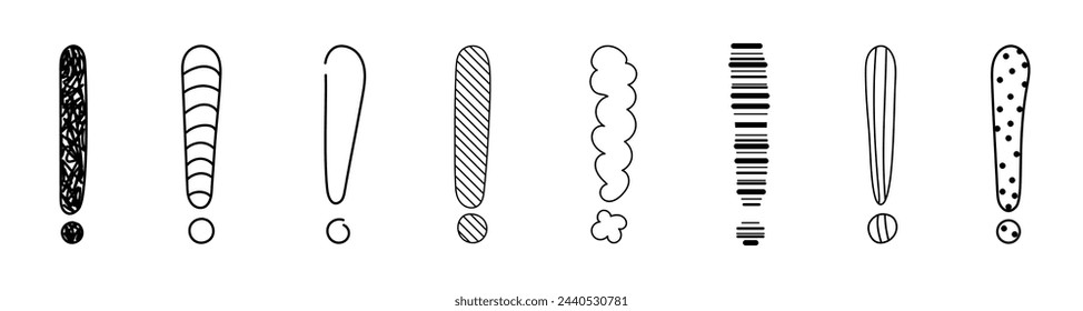 Doodle exclamation mark hand drawn sketch vector illustration set isolated on white background. Collection of various exclamation marks attention punctuation black and white freehand scribble symbols.