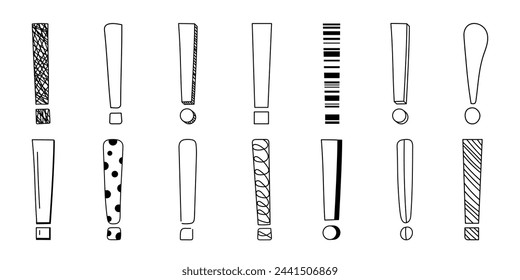 Doodle exclamation mark hand drawn sketch vector illustration set isolated on white background. Collection of various exclamation marks attention punctuation black and white freehand scribble symbols.