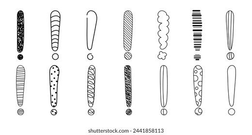 Doodle exclamation mark hand drawn sketch vector illustration set isolated on white background. Collection of various exclamation marks attention punctuation black and white freehand scribble symbols.