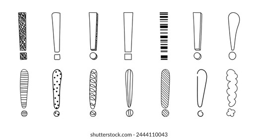 Doodle exclamation mark hand drawn sketch vector illustration set isolated on white background. Collection of various exclamation marks attention punctuation black and white freehand scribble symbols.