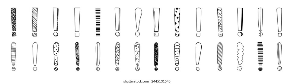 Doodle exclamation mark hand drawn sketch vector illustration set isolated on white background. Collection of various exclamation marks attention punctuation black and white freehand scribble symbols.