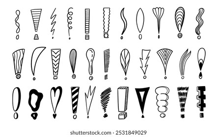 Doodle exclamation mark. Hand drawn punctuation marks and exclamatory symbols, sketch pencil ink scribble notes exclamation icon. Vector isolated set.