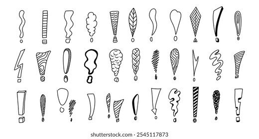 Doodle exclamation mark. Hand drawn punctuation marks and exclamatory symbols, sketch pencil ink scribble notes exclamation icon. Vector isolated set on white background