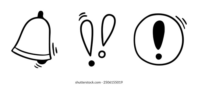 Doodle exclamation mark, notification bell, alert danger information sign set. Scribble hand drawn doodle exclamation point, stop warning sign.