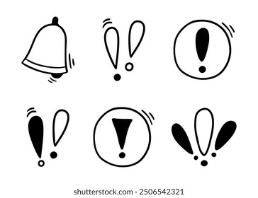 Doodle exclamation mark, notification bell, alert danger information sign set. Scribble hand drawn doodle exclamation point, stop warning sign.