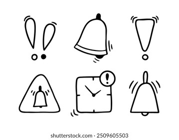 Ponto de exclamação Doodle, sino de notificação, sinal de alerta de informações de perigo definido. Ponto de exclamação desenhado à mão rabisco, sinal de aviso de parada.