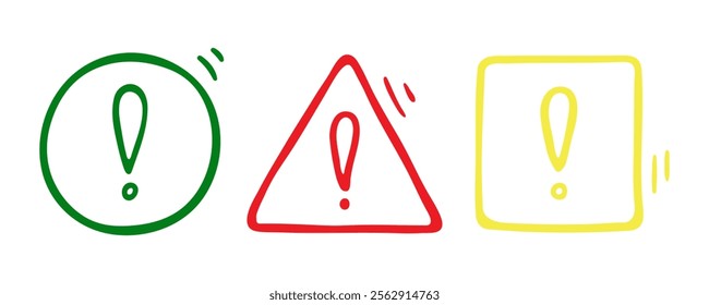 Doodle exclamation mark, notification bell, alert danger information sign set. Color scribble hand drawn doodle exclamation point, stop warning sign in circle, triangle, square form. Red, green