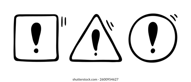 Doodle exclamation mark, notification bell, alert danger information sign set. Scribble hand drawn doodle exclamation point, stop warning sign in circle, triangle, square form