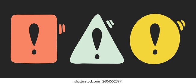 Doodle exclamation mark, notification bell, alert danger information color sign set. Scribble hand drawn doodle exclamation point, stop warning sign in circle, triangle, square form on black