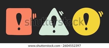 Doodle exclamation mark, notification bell, alert danger information color sign set. Scribble hand drawn doodle exclamation point, stop warning sign in circle, triangle, square form on black