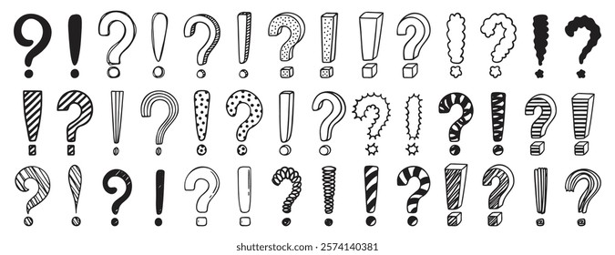 Doodle exclamation mark and question marks set. Hand drawn drawing punctuation symbols, creative ink stroke question exclamation mark icon set. Vector illustration