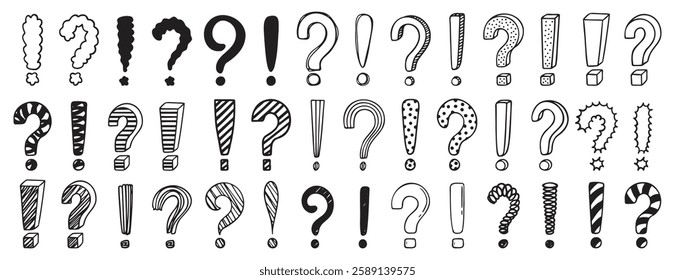 Doodle exclamation mark and question marks set. Hand drawn drawing punctuation symbols, creative ink stroke question exclamation mark icon set. Vector illustration