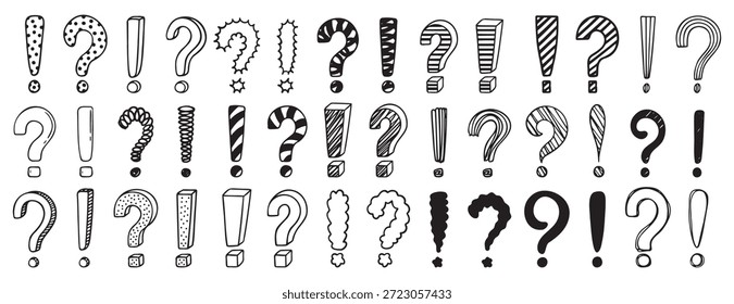 Doodle signo de exclamación y signos de interrogación establecidos. Símbolos de puntuación dibujados a mano, juego de iconos de signo de exclamación de pregunta de trazo de tinta creativa. Ilustración vectorial