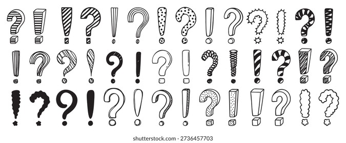 Doodle exclamation mark and question marks set. Hand drawn drawing punctuation symbols, creative ink stroke question exclamation mark icon set. Vector illustration
