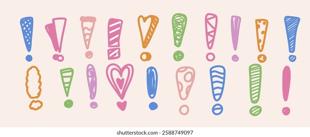 Doodle exclamation mark set isolated. Hand drawn scribble idea symbol collection. Vector hand written signs
