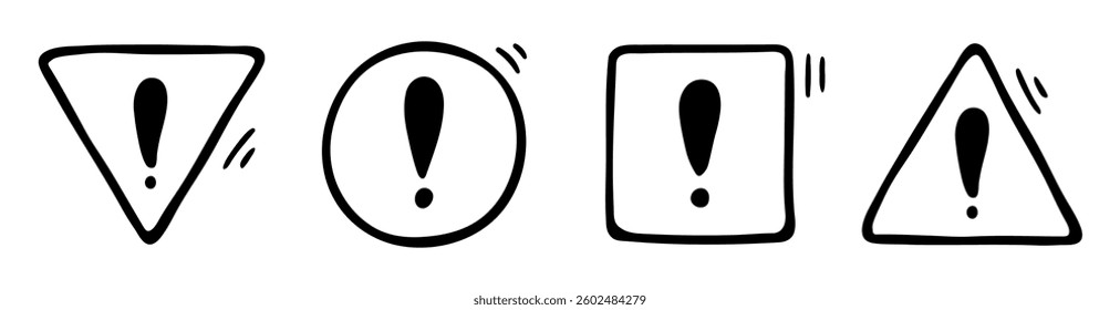 Doodle exclamation mark set, notification bell, alert danger information sign. Scribble hand drawn doodle exclamation point, line stop warning sign in circle, triangle, square form