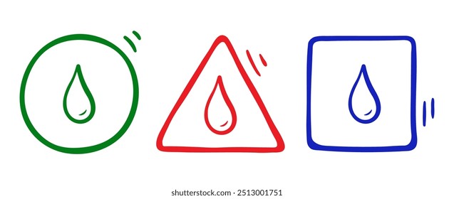 Doodle signo de exclamación con gotas de agua. Señal de notificación, icono de información de peligro de alerta. Garabato dibujado a mano punto de exclamación, advertencia de parada Iniciar sesión círculo, triángulo, cuadrado con gotas de agua