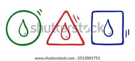 Doodle exclamation mark with water drops. Notification sign, alert danger information icon. Scribble hand drawn exclamation point, stop warning sign in circle, triangle, square with water drops