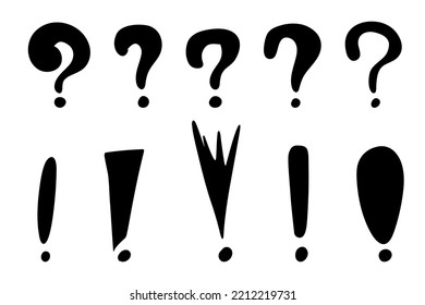 Doodle Exclamation Marks And Question Marks.  Hand Drawn Exclamation Ask Point. Punctuation Marks. Black Vector Illustration On White Background.