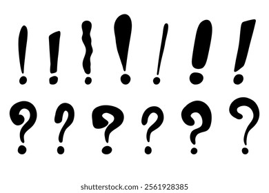 Doodle exclamation marks and question marks.  Hand drawn exclamation point. Punctuation marks. Black vector illustration isolated on white background.