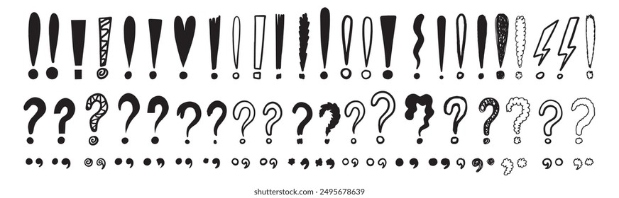 Doodle exclamation marks, question marks. Punctuation drawing black marks, Hand drawn exclamation point. Vector illustration