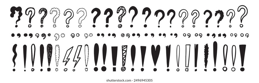 Doodle exclamation marks, question marks. Punctuation drawing black marks, Hand drawn exclamation point. Vector illustration