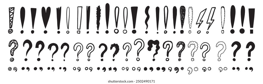 Doodle exclamation marks, question marks. Punctuation drawing black marks, Hand drawn exclamation point. Vector illustration