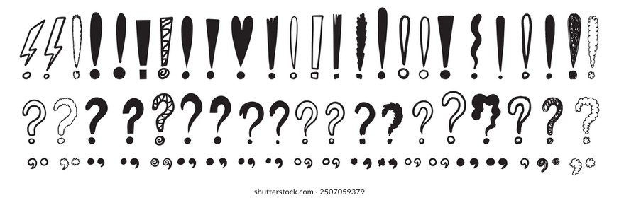 Doodle exclamation marks, question marks. Punctuation drawing black marks, Hand drawn exclamation point. Vector illustration