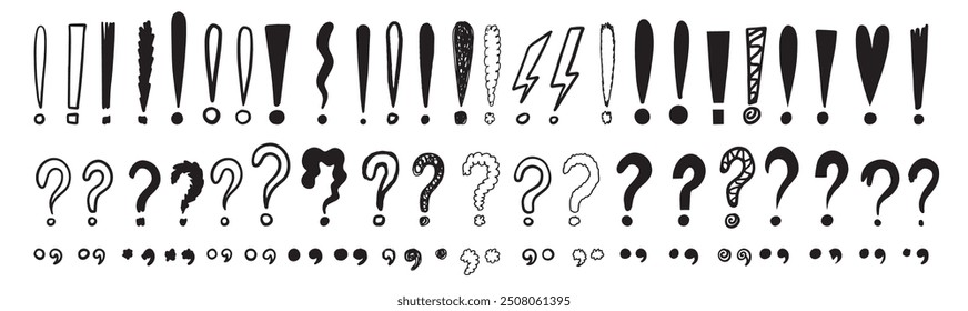 Doodle exclamation marks, question marks. Punctuation drawing black marks, Hand drawn exclamation point. Vector illustration