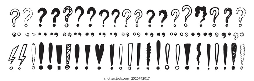 Doodle exclamation marks, question marks. Punctuation drawing black marks, Hand drawn exclamation point. Vector illustration