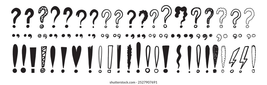 Doodle exclamation marks, question marks. Punctuation drawing black marks, Hand drawn exclamation point. Vector illustration