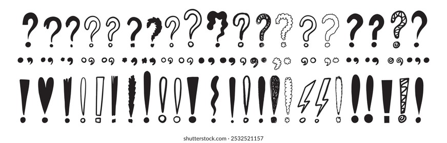 Doodle exclamation marks, question marks. Punctuation drawing black marks, Hand drawn exclamation point. Vector illustration