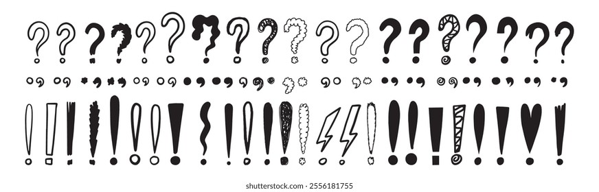 Doodle exclamation marks, question marks. Punctuation drawing black marks, Hand drawn exclamation point. Vector illustration