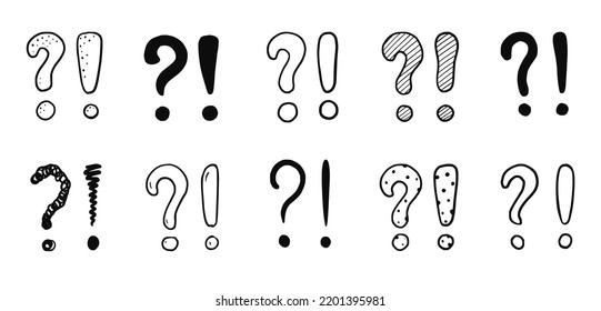 Doodle exclamation point and question sign mark set. Hand drawn sketch style exclamation point sign, question mark. Scribble doodle warning sign. Isolated vector illustration.