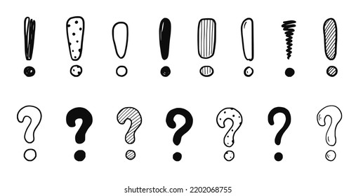 Doodle exclamation point and question sign mark set. Hand drawn sketch style exclamation point sign, question mark. Scribble doodle warning sign. Isolated vector illustration.