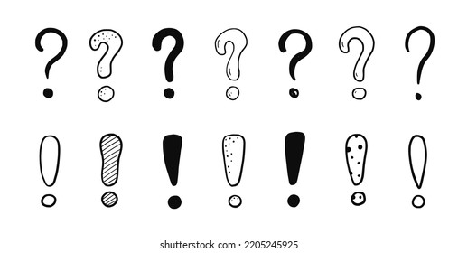 Doodle exclamation point and question sign mark set. Hand drawn sketch style exclamation point sign, question mark. Scribble doodle warning sign. Isolated vector illustration. svg
