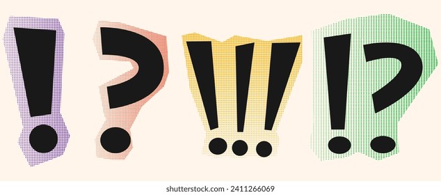 Doodle exclamation point and question sign mark set. Pop art style exclamation point sign, question mark. Halftone illustration