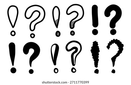 Ponto de exclamação Doodle e ponto de interrogação definidos. Sinal de ponto de exclamação de estilo de esboço desenhado à mão, ponto de interrogação. Sinal de aviso de rabiscar rabisco.
