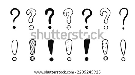 Doodle exclamation point and question sign mark set. Hand drawn sketch style exclamation point sign, question mark. Scribble doodle warning sign. Isolated vector illustration.