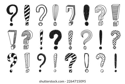 Doodle exclamation and question marks. Hand drawn punctuations symbols, attention or warning sign, FAQ advice information or interrogation vector icons with pen or ink stroke question exclamation mark