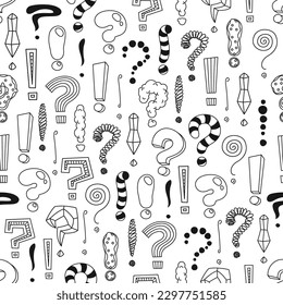 Doodle exclamation and question marks seamless pattern. Fabric or wrapping paper vector print with punctuation symbols, wallpaper seamless background with hand drawn exclamation, line question marks