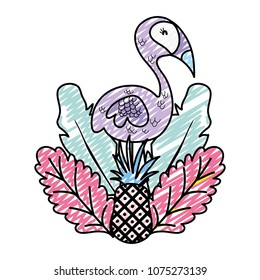 doodle exotic flamingo bird animal with tropical plants