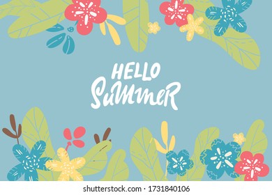 doodle Exotic doodle flowers, leaves. green tree with leaves flowers. Isolated element. Place for text. Vector design illustration. hand drawing